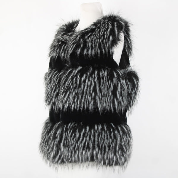 LaSeine Sz S Black Gray Faux Fur Lined Sleeveless Acrylic Polyester Vest