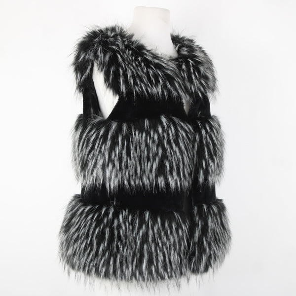 LaSeine Sz S Black Gray Faux Fur Lined Sleeveless Acrylic Polyester Vest