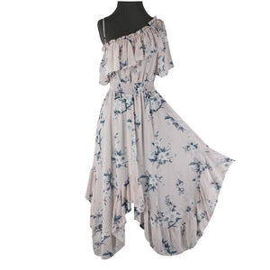 Misa NEW Sz S Lt Pink Blue White Floral Ruffle Asymmetrical 100% Viscose Dress