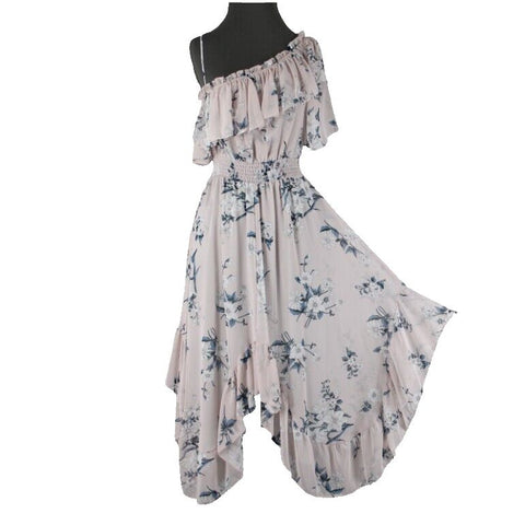 Misa NEW Sz S Lt Pink Blue White Floral Ruffle Asymmetrical 100% Viscose Dress