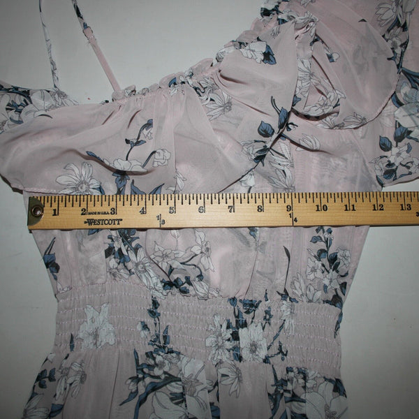 Misa NEW Sz S Lt Pink Blue White Floral Ruffle Asymmetrical 100% Viscose Dress