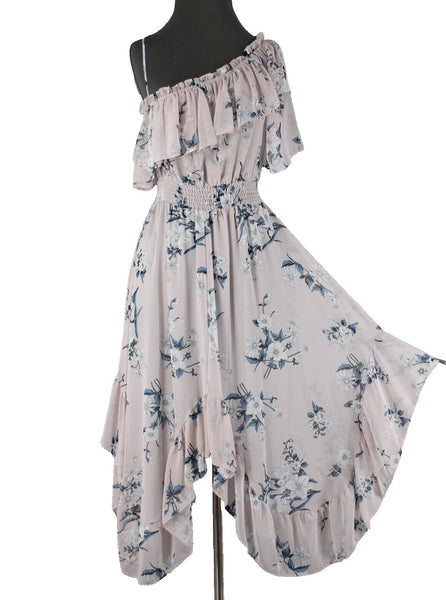 Misa NEW Sz S Lt Pink Blue White Floral Ruffle Asymmetrical 100% Viscose Dress