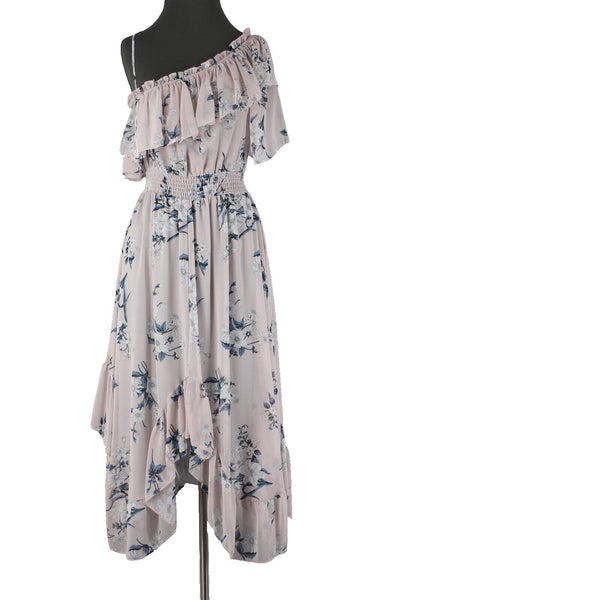 Misa NEW Sz S Lt Pink Blue White Floral Ruffle Asymmetrical 100% Viscose Dress