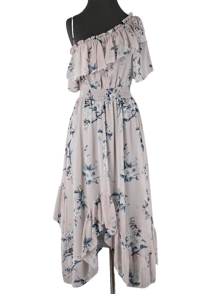 Misa NEW Sz S Lt Pink Blue White Floral Ruffle Asymmetrical 100% Viscose Dress