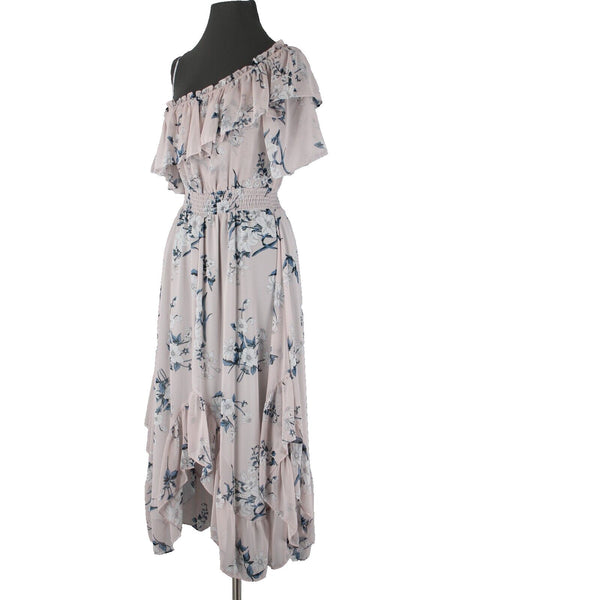 Misa NEW Sz S Lt Pink Blue White Floral Ruffle Asymmetrical 100% Viscose Dress