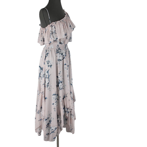 Misa NEW Sz S Lt Pink Blue White Floral Ruffle Asymmetrical 100% Viscose Dress