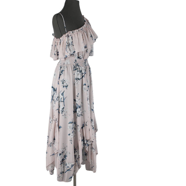Misa NEW Sz S Lt Pink Blue White Floral Ruffle Asymmetrical 100% Viscose Dress