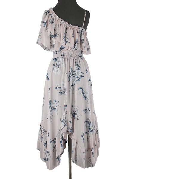 Misa NEW Sz S Lt Pink Blue White Floral Ruffle Asymmetrical 100% Viscose Dress