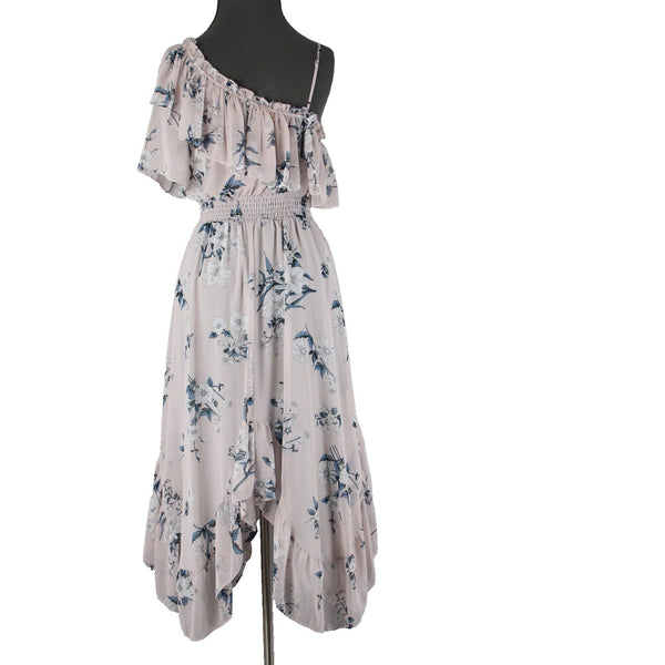 Misa NEW Sz S Lt Pink Blue White Floral Ruffle Asymmetrical 100% Viscose Dress