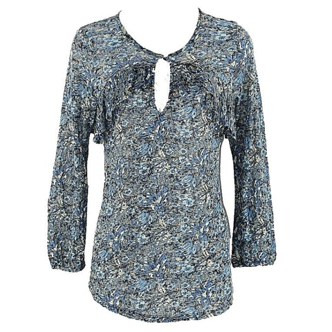 Lucky Brand XS Blue Moss Multi Ruffle Key Hole Front Viscose Modal Top