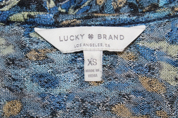 Lucky Brand XS Blue Moss Multi Ruffle Key Hole Front Viscose Modal Top