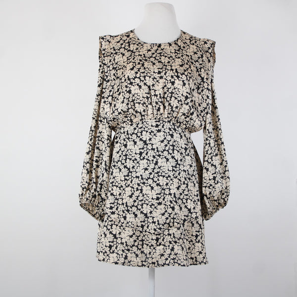 Zara NEW $50 Sz M Black Tan Floral Layered Unlined 100% Polyester Dress