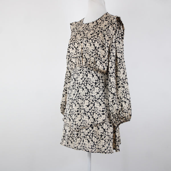 Zara NEW $50 Sz M Black Tan Floral Layered Unlined 100% Polyester Dress