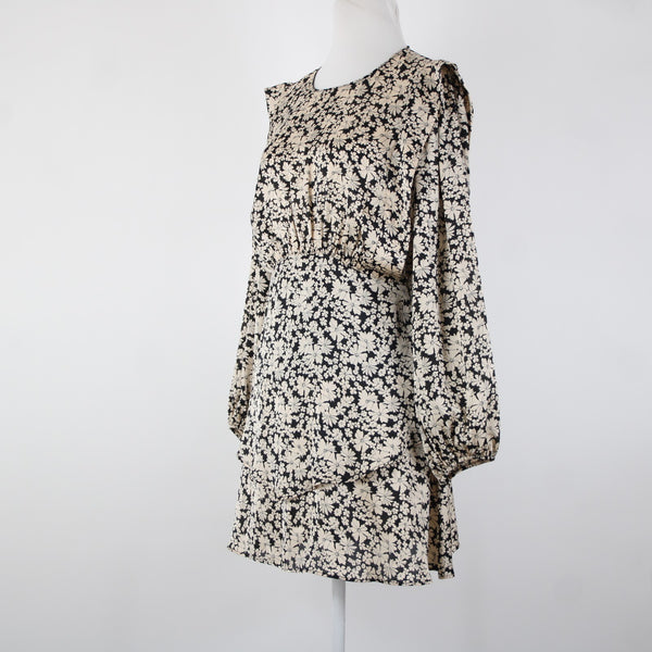 Zara NEW $50 Sz M Black Tan Floral Layered Unlined 100% Polyester Dress