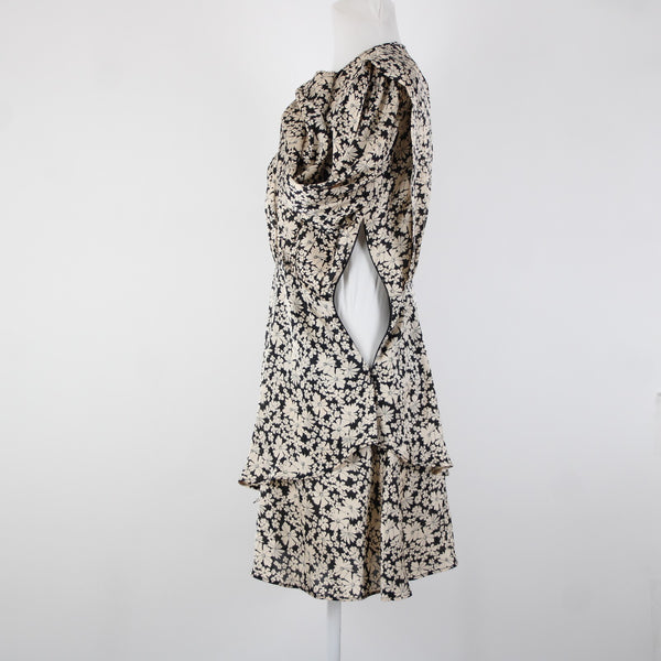 Zara NEW $50 Sz M Black Tan Floral Layered Unlined 100% Polyester Dress