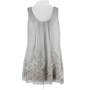 Soft Surroundings S Moss Green Sheer Embroidered Overlay Silk Rayon Bld Top