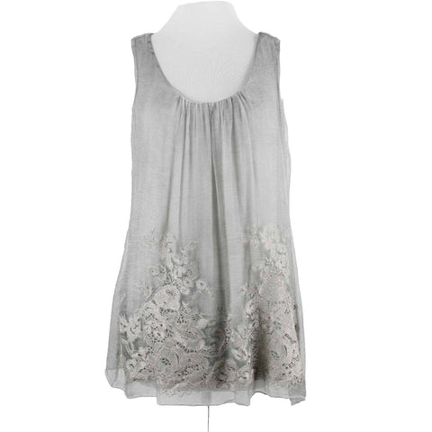Soft Surroundings S Moss Green Sheer Embroidered Overlay Silk Rayon Bld Top
