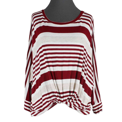 Pure Good Sz S Burgundy Cream White Striped Twist Front Jersey Fabric Top