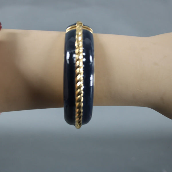 St John Goldtone Navy Blue Enamel Gold Twist Detail Push Lock Bangle Bracelet