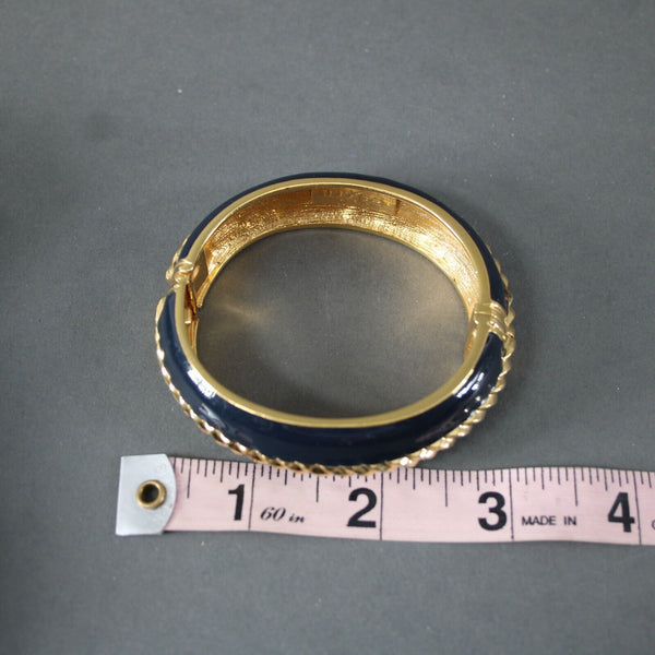 St John Goldtone Navy Blue Enamel Gold Twist Detail Push Lock Bangle Bracelet