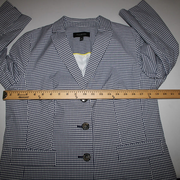 Talbots Sz 10 Navy Blue White Check 3/4 Slv Lined Cotton Spandex Blazer Jacket