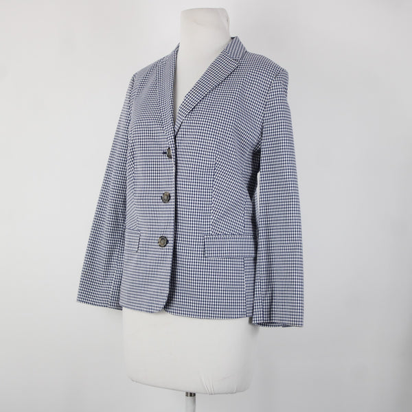 Talbots Sz 10 Navy Blue White Check 3/4 Slv Lined Cotton Spandex Blazer Jacket