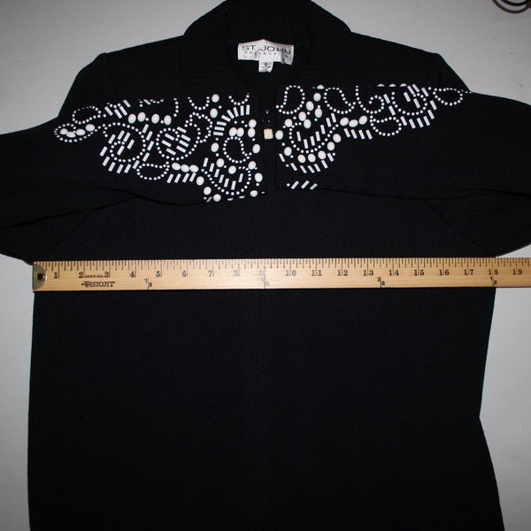 St John Collection Sz 8 Black White Beaded Sequin Collared Santana Knit Jacket