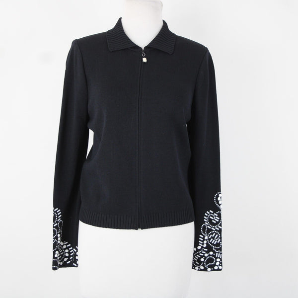 St John Collection Sz 8 Black White Beaded Sequin Collared Santana Knit Jacket