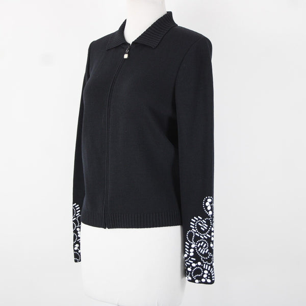 St John Collection Sz 8 Black White Beaded Sequin Collared Santana Knit Jacket