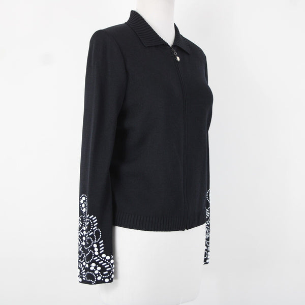 St John Collection Sz 8 Black White Beaded Sequin Collared Santana Knit Jacket