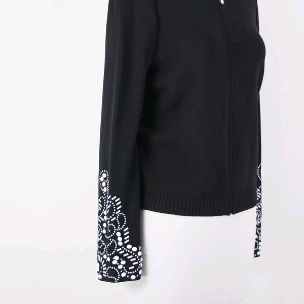 St John Collection Sz 8 Black White Beaded Sequin Collared Santana Knit Jacket