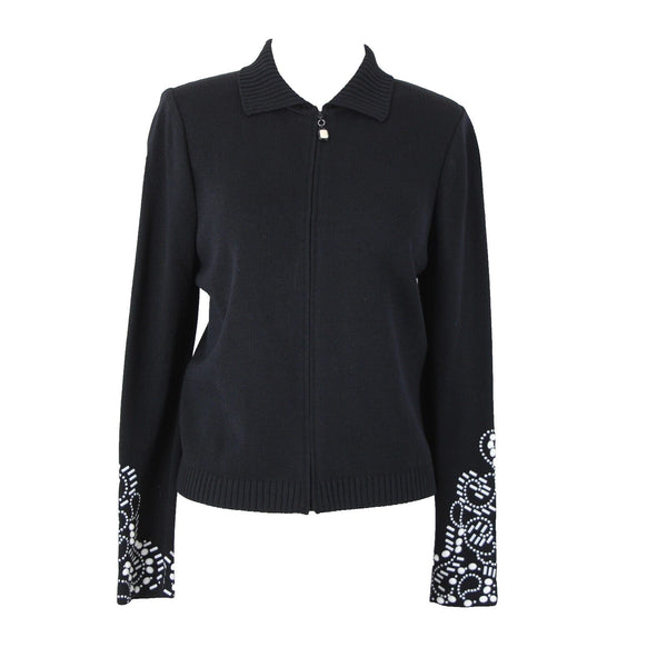 St John Collection Sz 8 Black White Beaded Sequin Collared Santana Knit Jacket