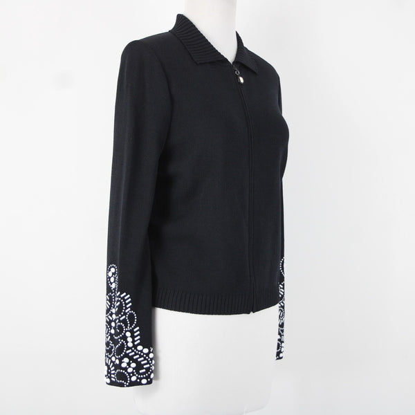 St John Collection Sz 8 Black White Beaded Sequin Collared Santana Knit Jacket