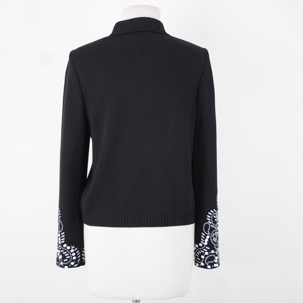 St John Collection Sz 8 Black White Beaded Sequin Collared Santana Knit Jacket