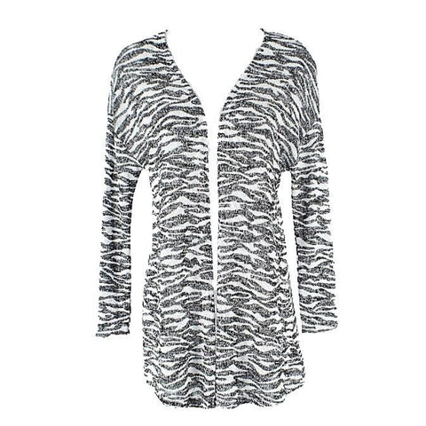 H & M Sz XS Black White Animal Open Front Rayon Poly Spandex Wrap Cardigan