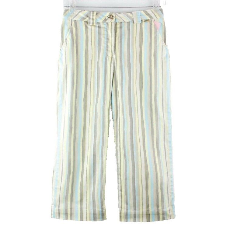 St John Sport Sz 2 x 19" Aqua Tan Ylw Multi Stripe Cotton Blnd Capri Pant