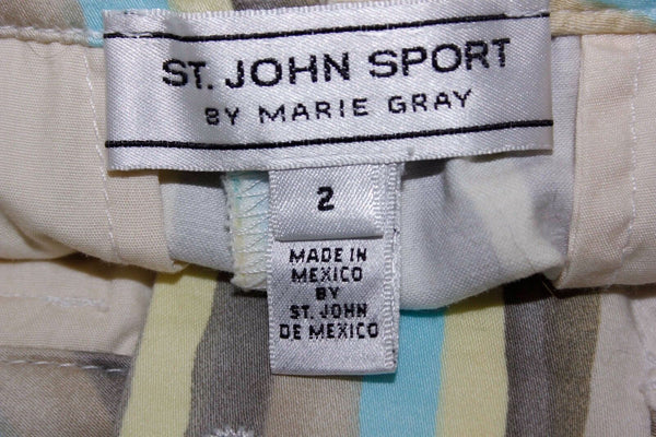 St John Sport Sz 2 x 19" Aqua Tan Ylw Multi Stripe Cotton Blnd Capri Pant