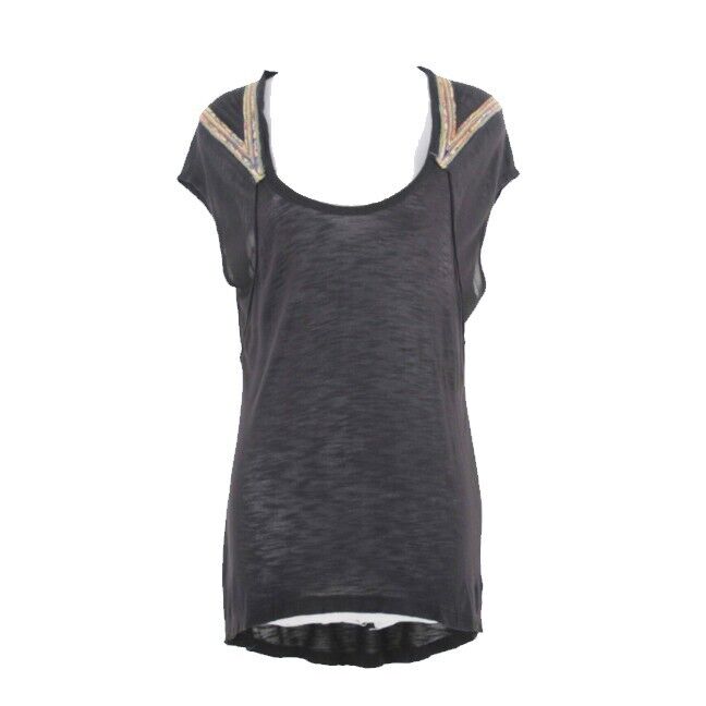 Free People NEW $ 68 Sz XS Black Multi Applique Raw Edge Neckline Hi Lo Top