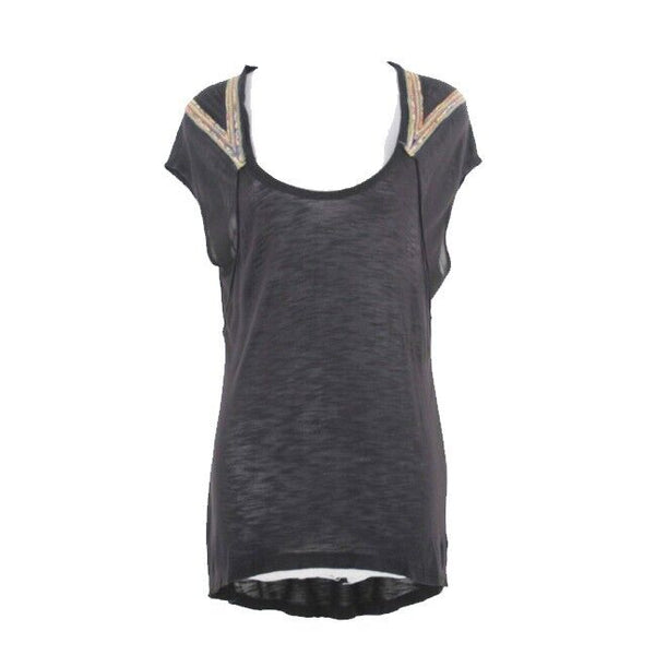 Free People NEW $ 68 Sz XS Black Multi Applique Raw Edge Neckline Hi Lo Top