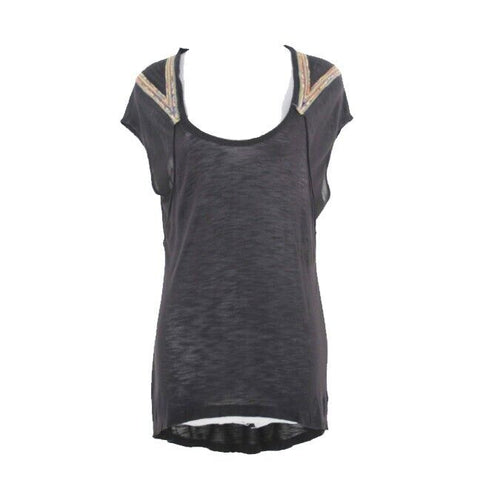 Free People NEW $ 68 Sz XS Black Multi Applique Raw Edge Neckline Hi Lo Top