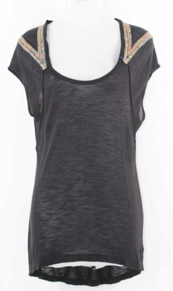 Free People NEW $ 68 Sz XS Black Multi Applique Raw Edge Neckline Hi Lo Top