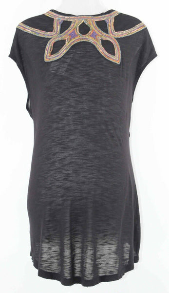Free People NEW $ 68 Sz XS Black Multi Applique Raw Edge Neckline Hi Lo Top
