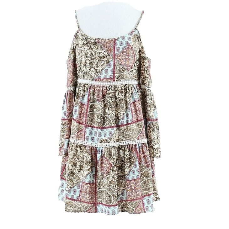 Design Lab XS Cream Blue Brown Magenta Multi Cold Shoulder Polyester Tunic Dress