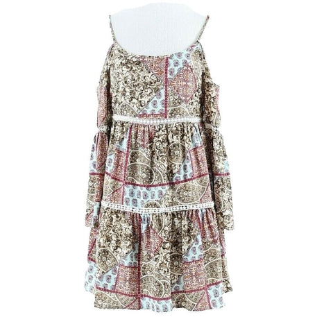 Design Lab XS Cream Blue Brown Magenta Multi Cold Shoulder Polyester Tunic Dress