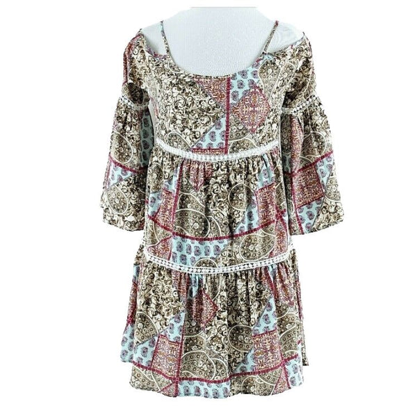 Design Lab XS Cream Blue Brown Magenta Multi Cold Shoulder Polyester Tunic Dress