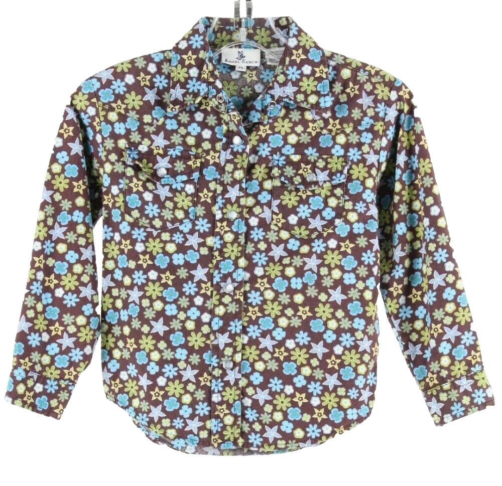 Angel Ranch Sz XS 4-5 Girls Brown Multi Floral Button Front 100% Cotton Top
