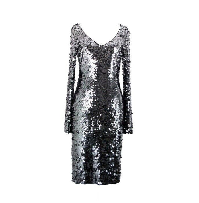 St John Sz 2 Silver Spangles Over Black Lined V Neck Polyester Silk Dress