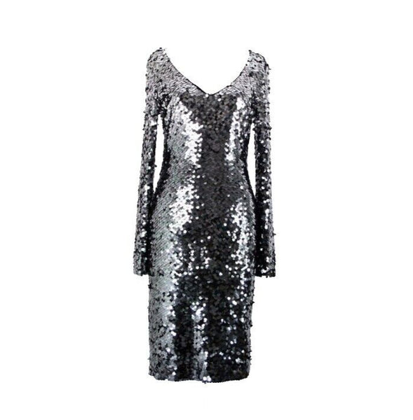 St John Sz 2 Silver Spangles Over Black Lined V Neck Polyester Silk Dress
