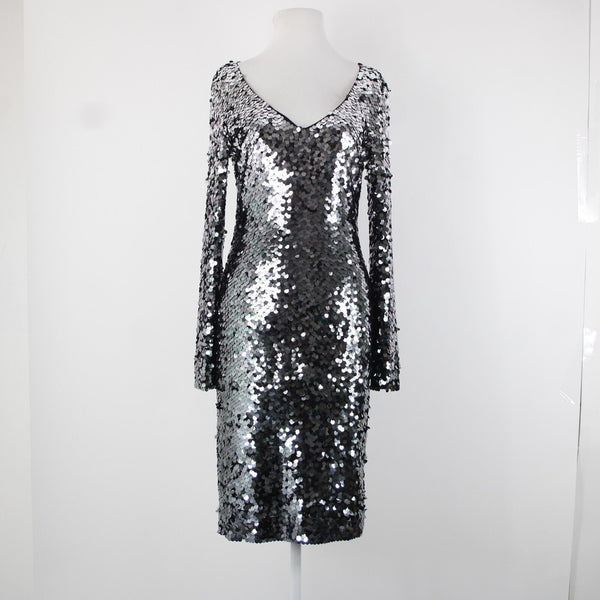 St John Sz 2 Silver Spangles Over Black Lined V Neck Polyester Silk Dress