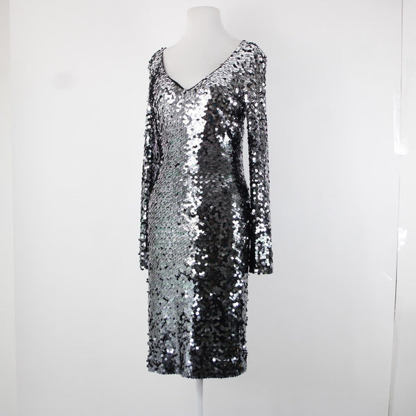 St John Sz 2 Silver Spangles Over Black Lined V Neck Polyester Silk Dress